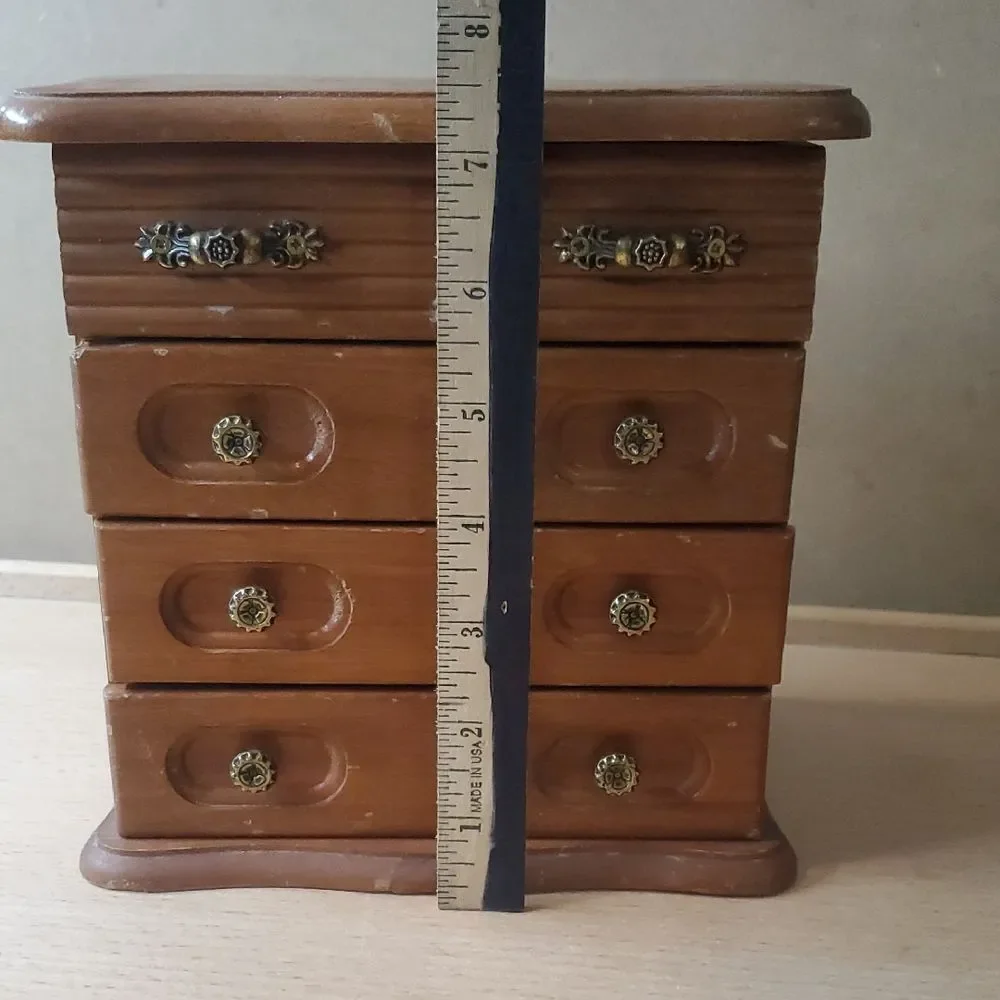 Vintage Wooden Jewelry Organizer with Mirror Trinket Box Hinged Cage